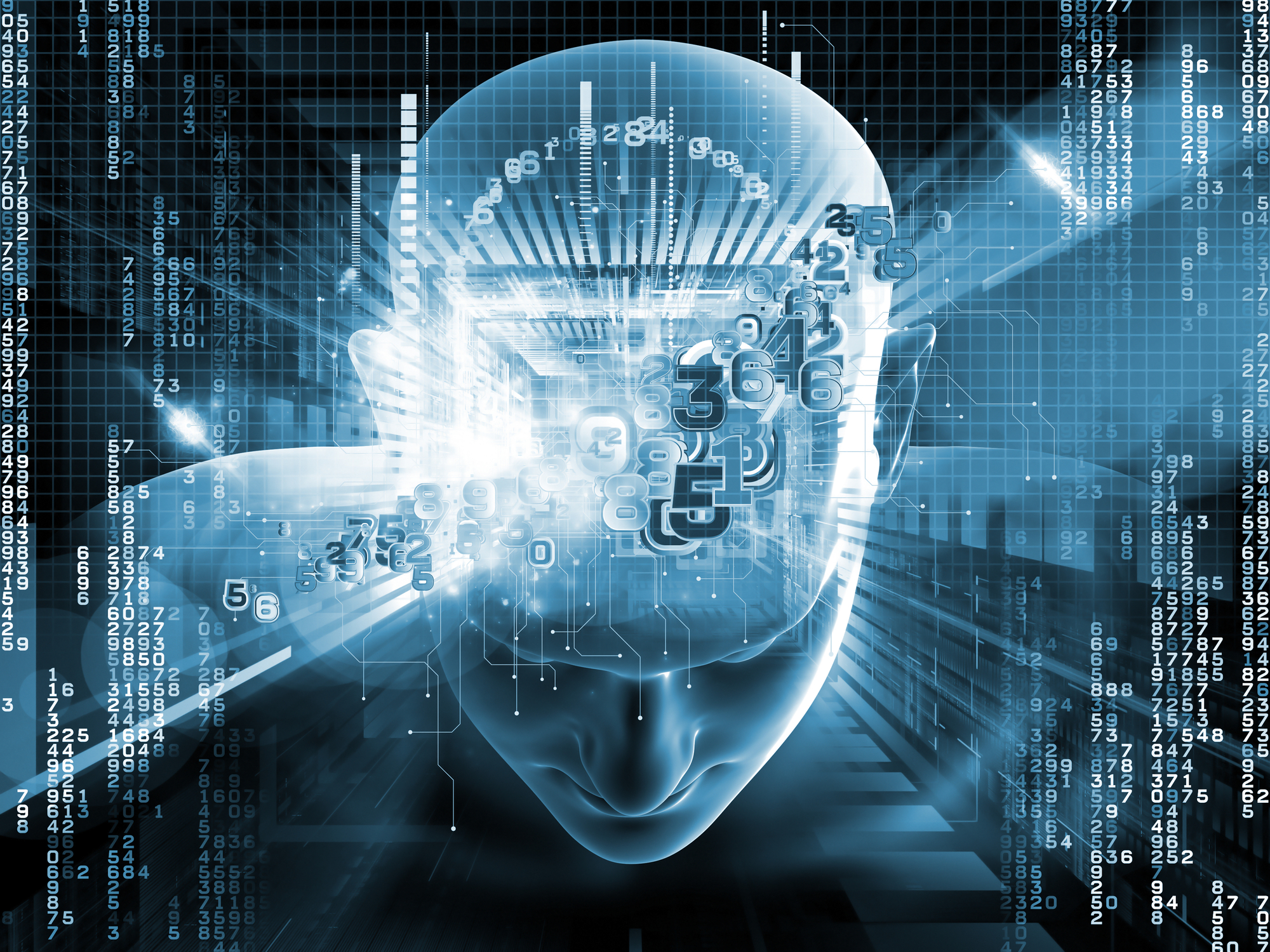 Collage of human head, digits and various abstract elements on the subject of artificial intelligence, modern science, computer technology and human and artificial mind